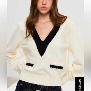 Sandro V-Neck Sweater in White and Black with chic pockets